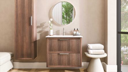 Wandhängendes Badezimmermöbel 80 cm aus dunkler Eiche mit Landhausfront und zwei Softclose-Schubladen