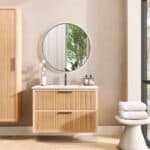 Wandhängendes Badezimmermöbel 100 cm aus Natureiche mit Riffelfront und zwei Softclose-Schubladen