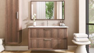 Wandhängendes Badezimmermöbel 120 cm aus dunkler Eiche mit Landhausfront und zwei Softclose-Schubladen