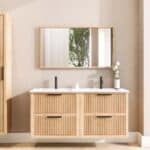 Wandhängendes Badezimmermöbel 140 cm aus Natureiche mit Riffelfront und zwei Softclose-Schubladen