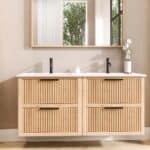 Wandhängendes Badezimmermöbel 140 cm aus Natureiche mit Riffelfront und zwei Softclose-Schubladen