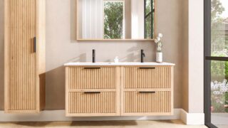 Wandhängendes Badezimmermöbel 140 cm aus Natureiche mit Riffelfront und zwei Softclose-Schubladen