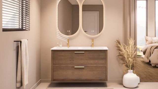 Badezimmermöbel aus massivem Eichenholz, in natur mit 120 cm Breite aus der Kingswood-Serie, ausgestattet mit zwei geräumigen Schubladen und inklusive passendem Keramikwaschbecken.