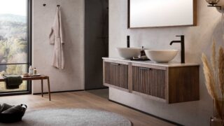 Badezimmermöbel Holzbadezimmermöbel 160 cm mit zwei Schubladen und weißer Marmorplatte mit zwei runden Waschbecken