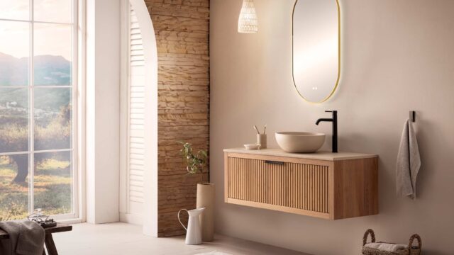 Badezimmermöbel Wandhängendes Holzbadmöbel 120 cm aus Eiche für eine komplette Badezimmereinrichtung