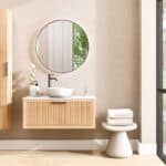 Wandhängendes Badezimmermöbel 100 cm aus Natureiche mit eine Schublade und weißes Solid-Surface-Aufsatzbecken (trendy)