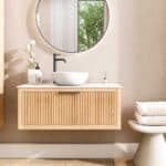 Wandhängendes Badezimmermöbel 100 cm aus Natureiche mit eine Schublade und weißes Solid-Surface-Aufsatzbecken (trendy)