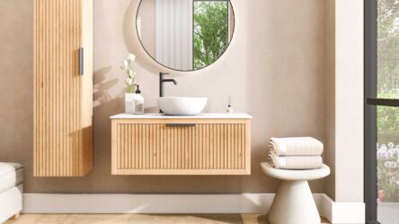 Wandhängendes Badezimmermöbel 100 cm aus Natureiche mit eine Schublade und weißes Solid-Surface-Aufsatzbecken (trendy)