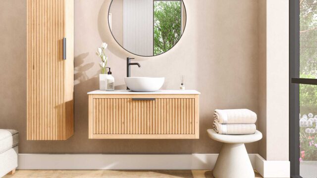 Wandhängendes Badezimmermöbel 100 cm aus Natureiche mit eine Schublade und weißes Solid-Surface-Aufsatzbecken (trendy)