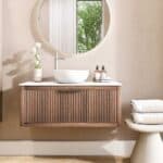 100 cm Wastischunterschrank aus massiver Eiche mit 1 Schublade und Solid Surface platte mit 1 Aufsaztbecken, Handwerkskunst für jahrelange Freude
