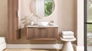 100 cm Wastischunterschrank aus massiver Eiche mit 1 Schublade und Solid Surface platte mit 1 Aufsaztbecken, Handwerkskunst für jahrelange Freude