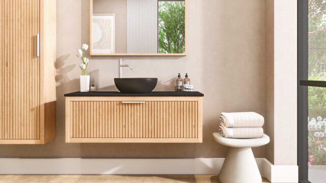 Wandhängendes Badezimmermöbel 120 cm aus Natureiche mit eine Schublade und schwarze Kalksteinplatte