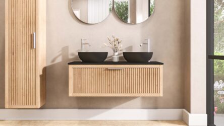 Wandhängendes Badezimmermöbel 120 cm aus Natureiche mit eine Schublade und schwarze Kalksteinplatte (neuwertig)