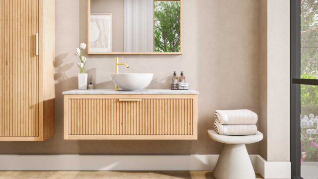 Wandhängendes Badezimmermöbel 120 cm aus Natureiche mit eine Schublade und weiße Marmorplatte (design)