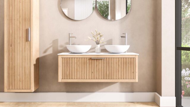 Wandhängendes Badezimmermöbel 120 cm aus Natureiche mit eine Schublade und weißes Solid-Surface-Aufsatzbecken (modern)