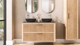 Wastischunterschrank aus massiver Eiche, 120 cm, mit 2 Schubladen und einer Arbeitsplatte aus Schwarzer Beton mit 2 Aufsaztbecken, handwerkliche Verarbeitung für jahrelange Freude