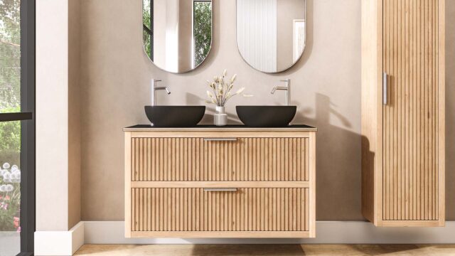 Wastischunterschrank aus massiver Eiche, 120 cm, mit 2 Schubladen und einer Arbeitsplatte aus Schwarzer Beton mit 2 Aufsaztbecken, handwerkliche Verarbeitung für jahrelange Freude