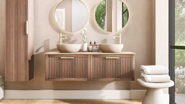 Wandhängendes Badezimmermöbel 140 cm aus dunkler Eiche mit eine Schublade und beige Kalksteinwaschtisch