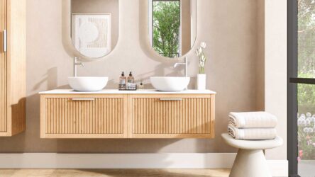 Wandhängendes Badezimmermöbel 160 cm aus Natureiche mit eine Schublade und weißes Solid-Surface-Aufsatzbecken (design)