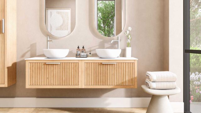 Wandhängendes Badezimmermöbel 160 cm aus Natureiche mit eine Schublade und weißes Solid-Surface-Aufsatzbecken (design)