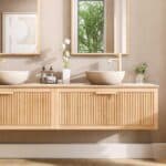 Wandhängendes Badezimmermöbel 200 cm aus Natureiche mit eine Schublade und beige Kalksteinwaschtisch