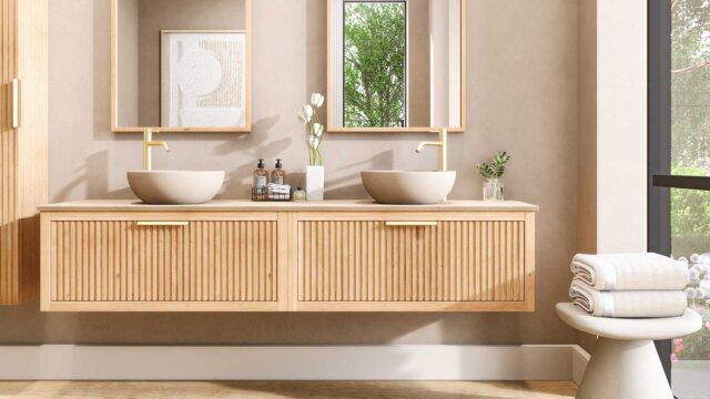 Wandhängendes Badezimmermöbel 200 cm aus Natureiche mit eine Schublade und beige Kalksteinwaschtisch