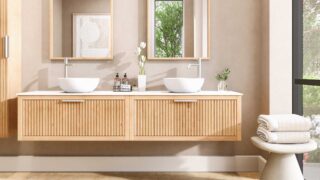 Wandhängendes Badezimmermöbel 200 cm aus Natureiche mit eine Schublade und weißes Solid-Surface-Aufsatzbecken (Naturholz)
