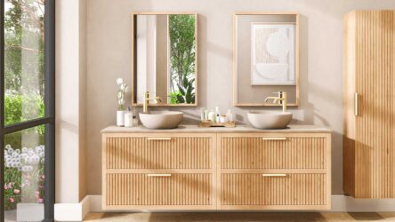 Wandhängendes Badezimmermöbel 200 cm aus Natureiche mit zwei Schubladen und beige Kalksteinwaschtisch (elegant)
