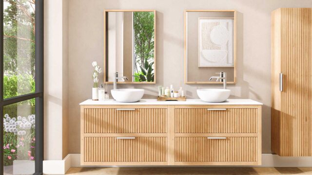 Wandhängendes Badezimmermöbel 200 cm aus Natureiche mit zwei Schubladen und weißes Solid-Surface-Aufsatzbecken (design)