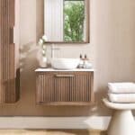 Wandhängendes Badezimmermöbel 70 cm aus dunkler Eiche mit eine Schublade und weißes Solid-Surface-Aufsatzbecken