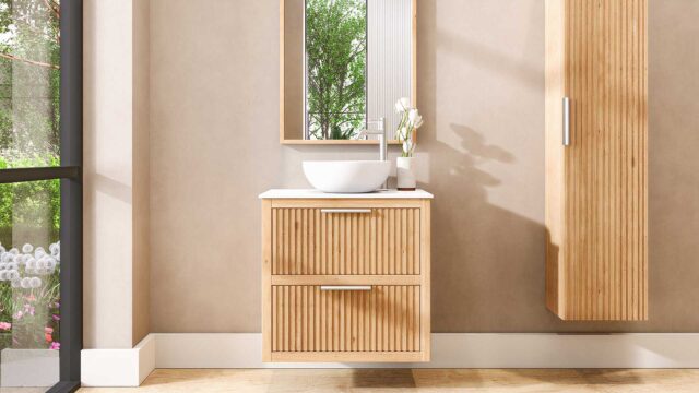 Wandhängendes Badezimmermöbel 70 cm aus Natureiche mit zwei Schubladen und weißes Solid-Surface-Aufsatzbecken (stilvoll)