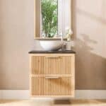 Wandhängendes Badezimmermöbel 70 cm aus Natureiche mit zwei Schubladen und Granitplatte