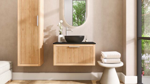 Wandhängendes Badezimmermöbel 80 cm aus Natureiche mit eine Schublade und schwarze Kalksteinplatte