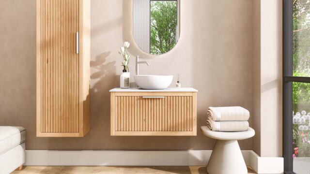 Wandhängendes Badezimmermöbel 80 cm aus Natureiche mit eine Schublade und weißes Solid-Surface-Aufsatzbecken (neuwertig)