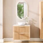 Wandhängendes Badezimmermöbel 80 cm aus Natureiche mit zwei Schubladen und weißes Solid-Surface-Aufsatzbecken (trendy)