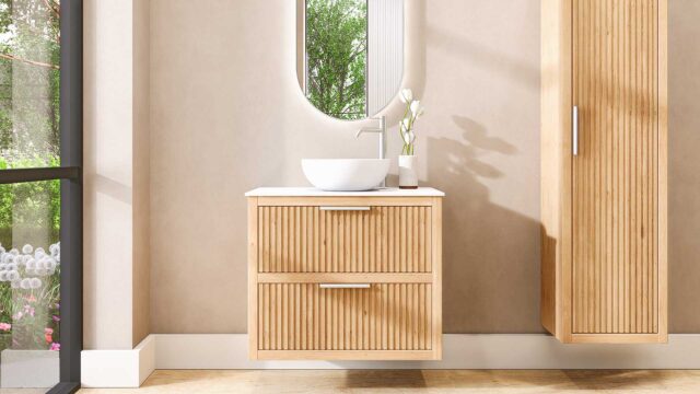 Wandhängendes Badezimmermöbel 80 cm aus Natureiche mit zwei Schubladen und weißes Solid-Surface-Aufsatzbecken (trendy)