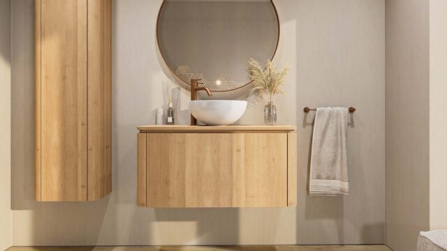 Rundes wandhängendes Badezimmermöbel 100 cm aus Natureiche mit glatte Front und Eichenholzplatte