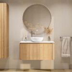 Rundes wandhängendes Badezimmermöbel 100 cm aus Natureiche mit glatte Front und weißes Solid-Surface-Becken