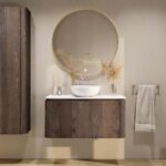 Rundes wandhängendes Badezimmermöbel 100 cm aus dunkler Eiche mit glatte Front und weißes Solid-Surface-Becken