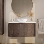 Rundes wandhängendes Badezimmermöbel 100 cm aus dunkler Eiche mit glatte Front und weißes Solid-Surface-Becken