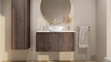 Rundes wandhängendes Badezimmermöbel 100 cm aus dunkler Eiche mit glatte Front und weißes Solid-Surface-Becken