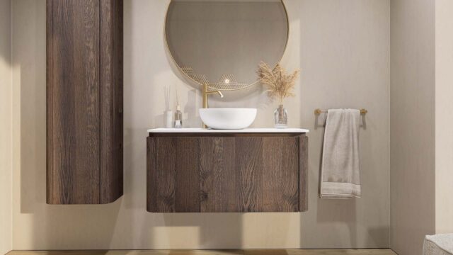 Rundes wandhängendes Badezimmermöbel 100 cm aus dunkler Eiche mit glatte Front und weißes Solid-Surface-Becken