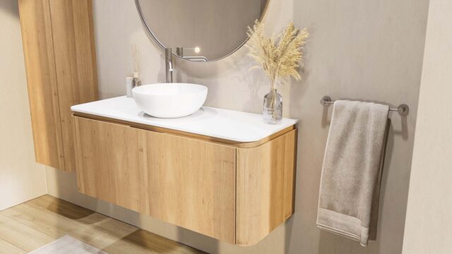 Rundes wandhängendes Badmöbel 120 cm aus Natureiche mit glatte Front und weißes Solid-Surface-Becken mit einem Waschbecken