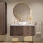 Rundes wandhängendes Badmöbel 120 cm aus dunkler Eiche mit glatte Front und weißes Solid-Surface-Becken mit einem Waschbecken