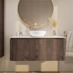 Rundes wandhängendes Badmöbel 120 cm aus dunkler Eiche mit glatte Front und weißes Solid-Surface-Becken mit einem Waschbecken