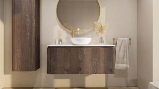 Rundes wandhängendes Badmöbel 120 cm aus dunkler Eiche mit glatte Front und weißes Solid-Surface-Becken mit einem Waschbecken