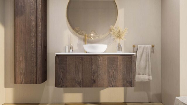 Rundes wandhängendes Badmöbel 120 cm aus dunkler Eiche mit glatte Front und weißes Solid-Surface-Becken mit einem Waschbecken