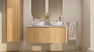 Rundes wandhängendes Badmöbel 120 cm aus Natureiche mit glatte Front und weißes Solid-Surface-Becken mit zwei Waschbecken