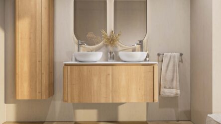 Rundes wandhängendes Badmöbel 120 cm aus Natureiche mit glatte Front und weißes Solid-Surface-Becken mit zwei Waschbecken