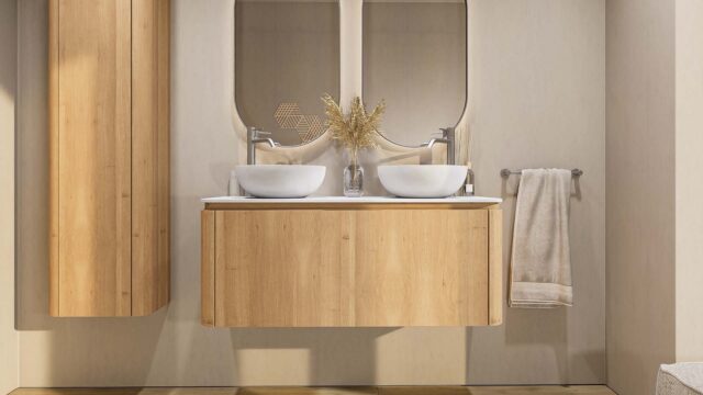 Rundes wandhängendes Badmöbel 120 cm aus Natureiche mit glatte Front und weißes Solid-Surface-Becken mit zwei Waschbecken